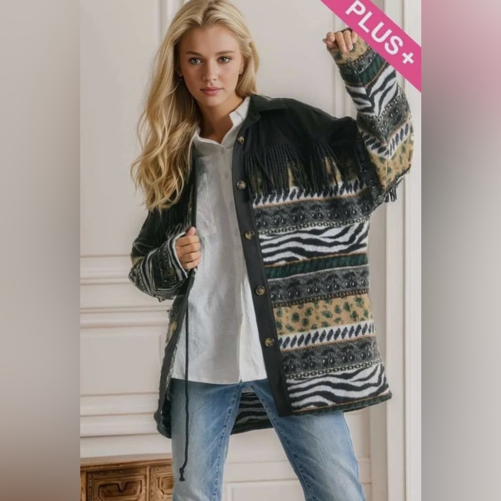 NWT!Plus Size Fringe Button Down Long Sleeve Loose Fit Jacket Sizes 1X 2X 3X - Picture 2 of 8